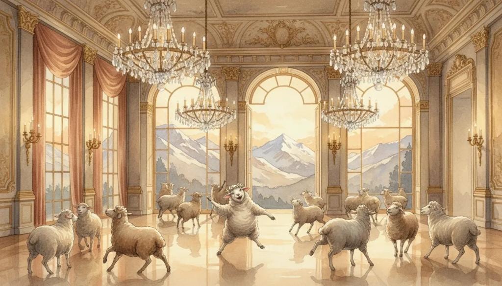 Madeline and the sheep dancing in the Crystal Ball Room and looking out the windows